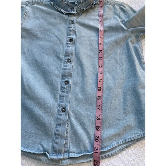 Mi Ami XS Light Wash Denim Ruffle High Neck Blouse Victorian Western Cottagecore - Picture 5 of 7